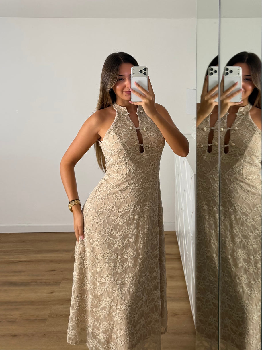 Vestido rendado com forro - bege