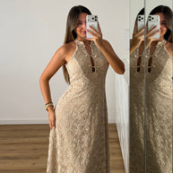 Vestido rendado com forro - bege