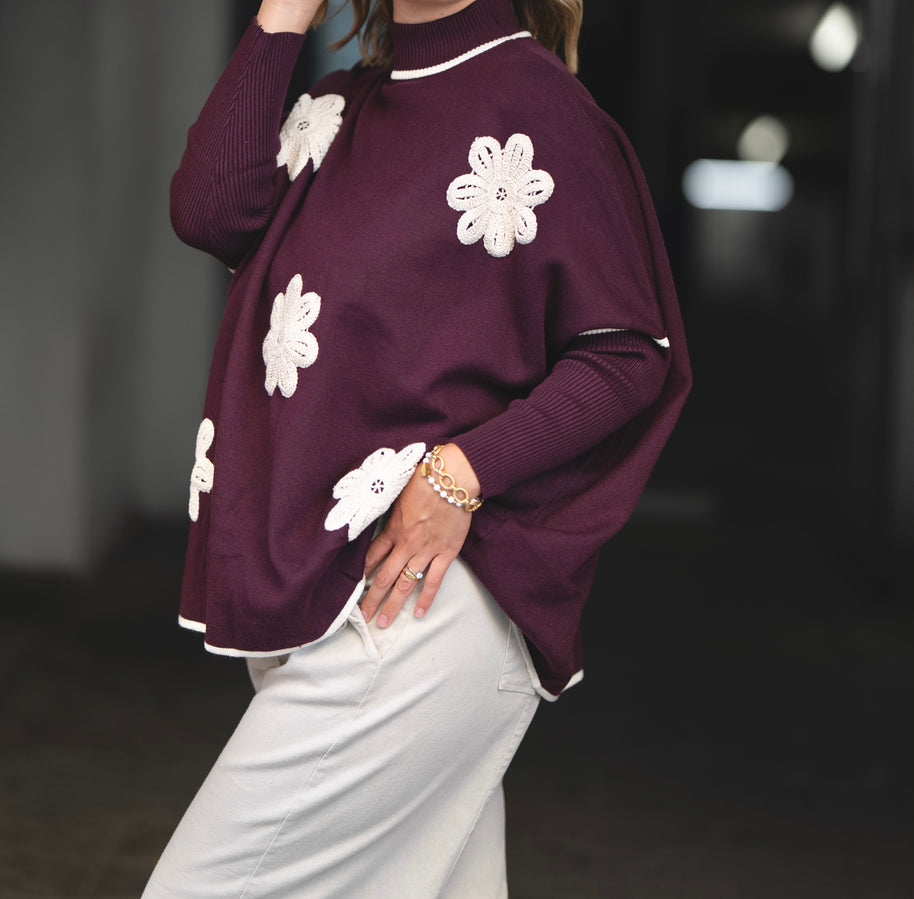 Camisola flores bordadas bordeaux