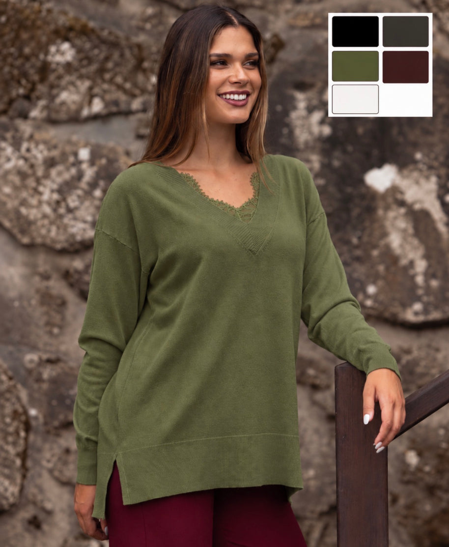 Camisola de bico com pormenor renda