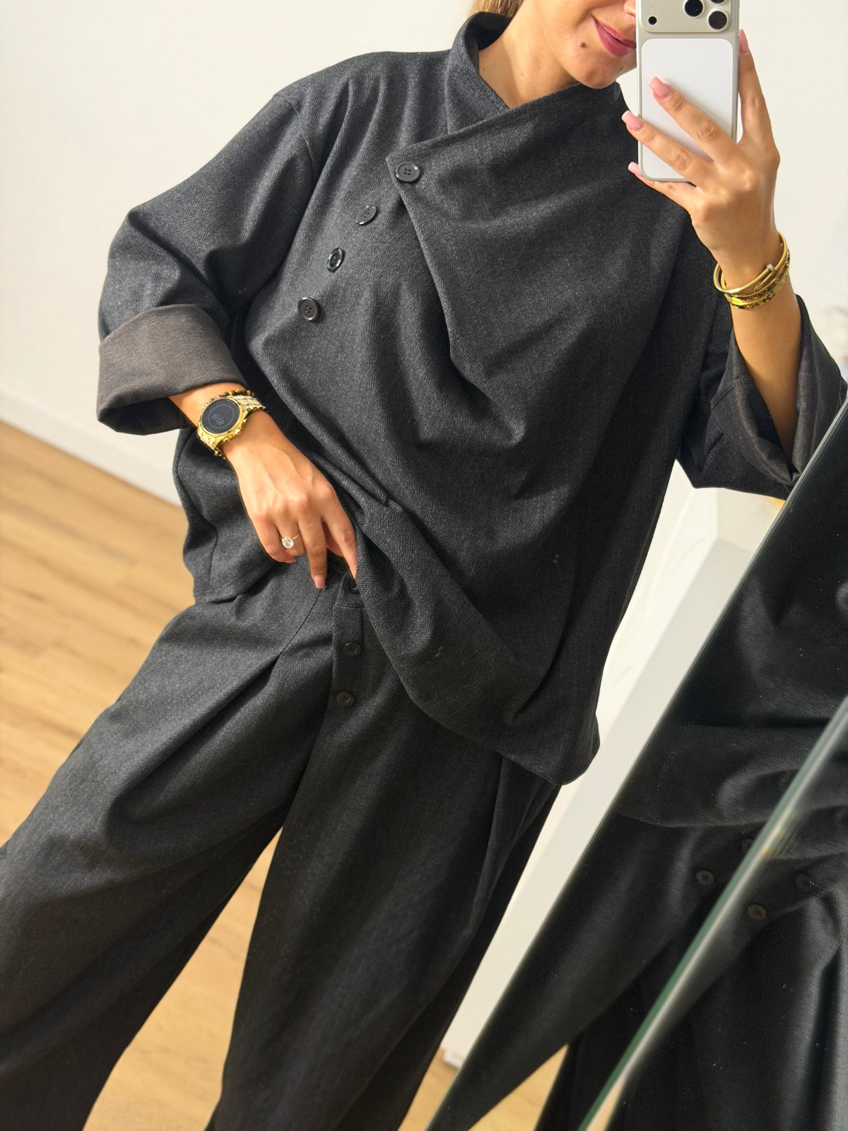 Conjunto tecido tipo denim CINZA ESCURO