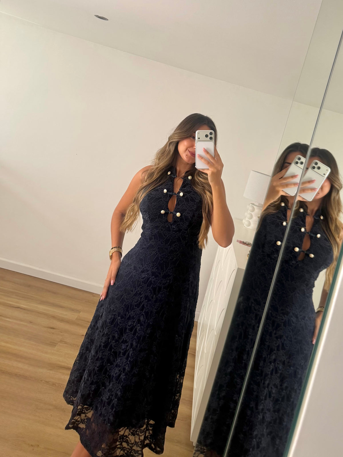 Vestido rendado com forro- azul marinho