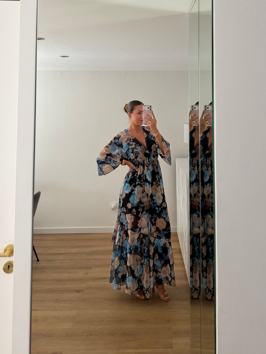 Vestido floral e folhos - azul