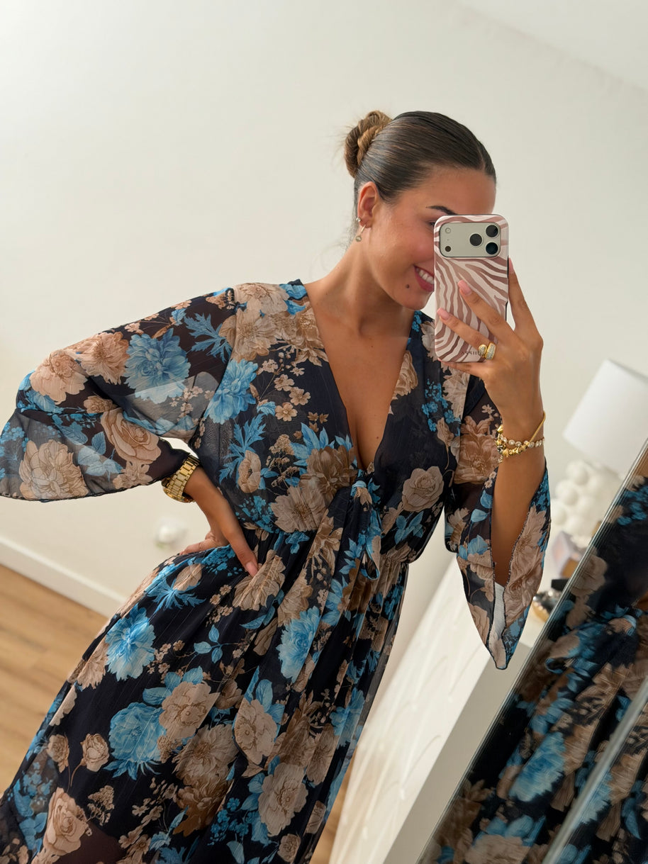 Vestido floral e folhos - azul