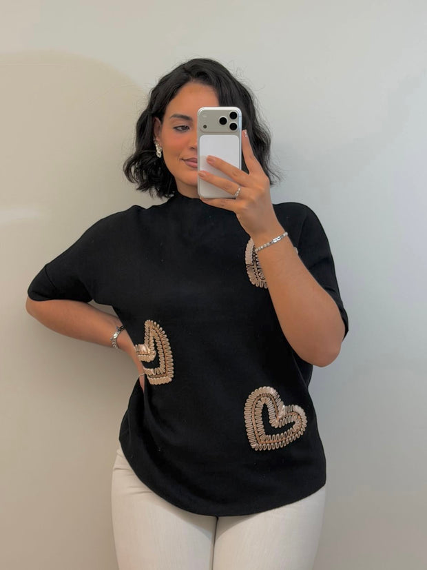 Blusa corações | camisola em algodão preto