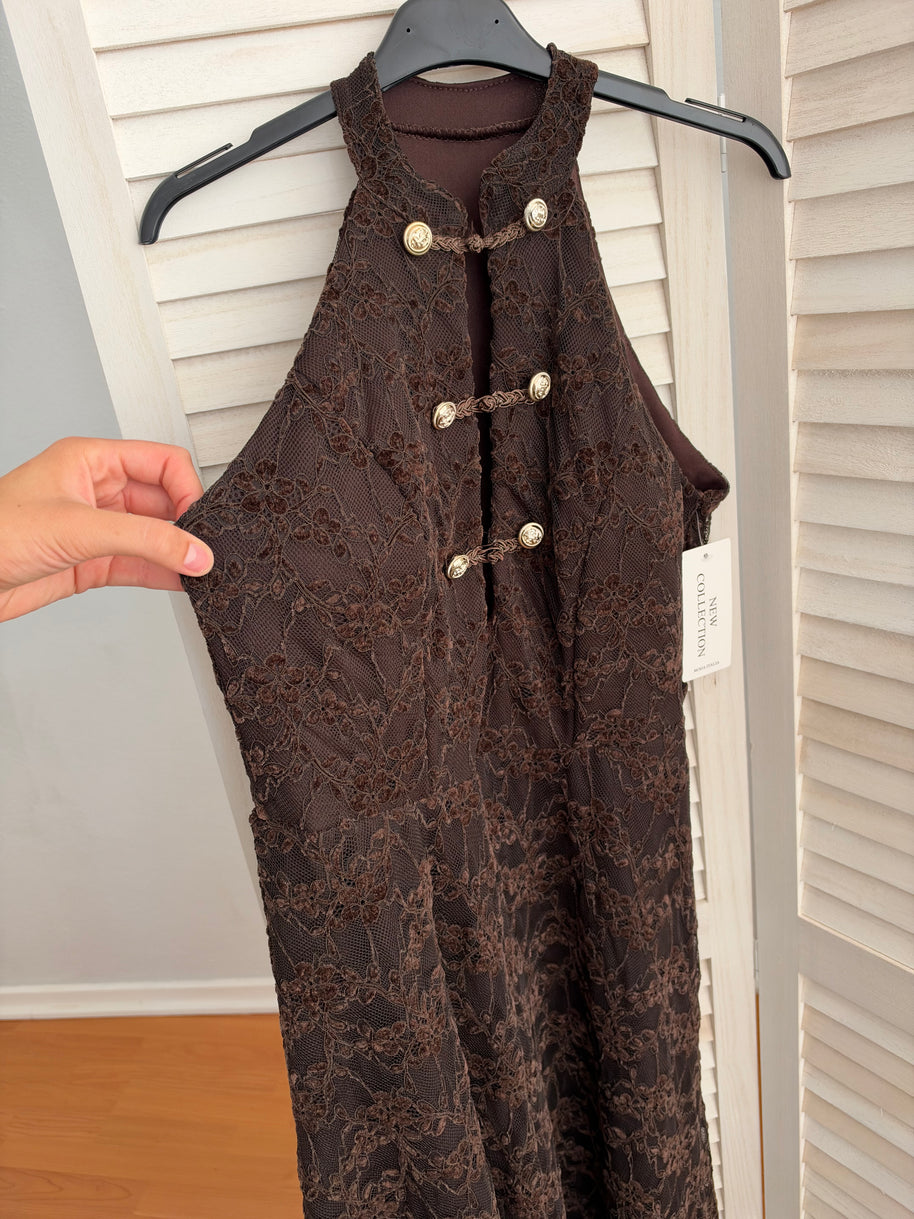 Vestido rendado com forro - castanho