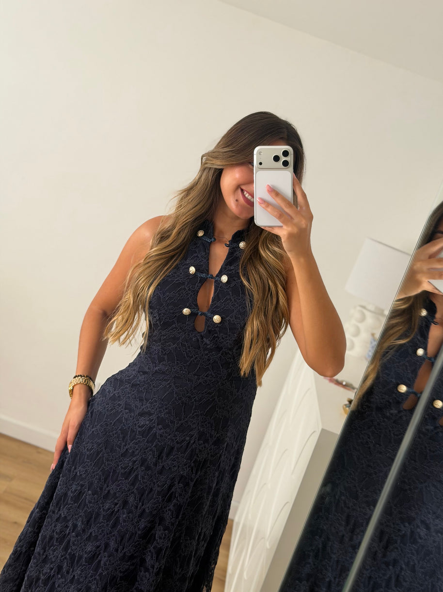 Vestido rendado com forro- azul marinho