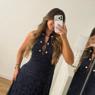Vestido rendado com forro- azul marinho