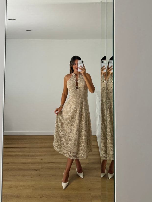 Vestido rendado com forro - bege