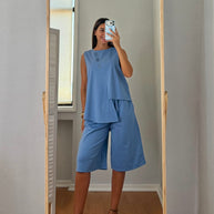 Conjunto com calção azul denim