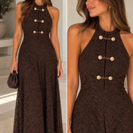 Vestido rendado com forro - castanho