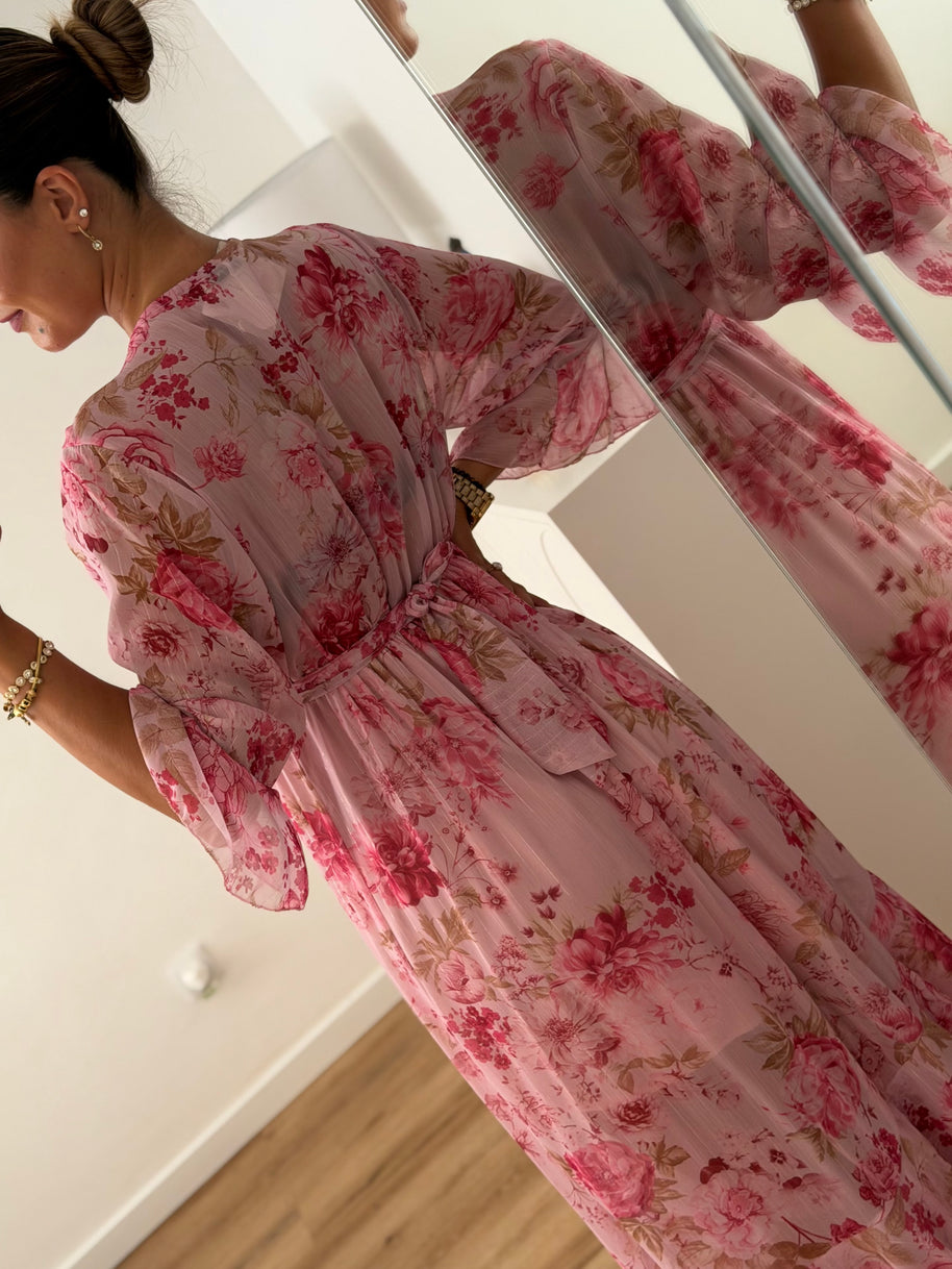 Vestido floral e folhos - rosa