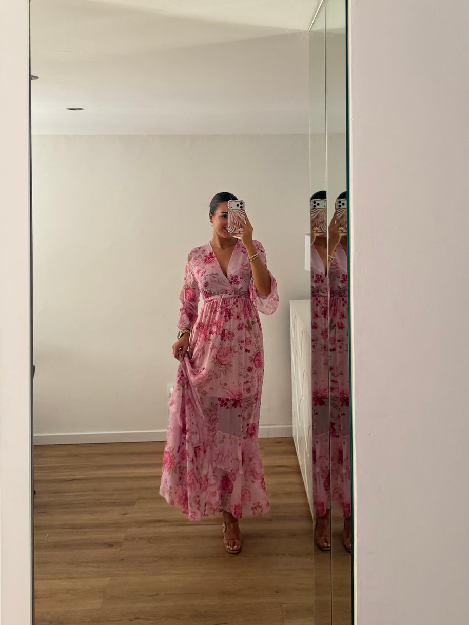 Vestido floral e folhos - rosa