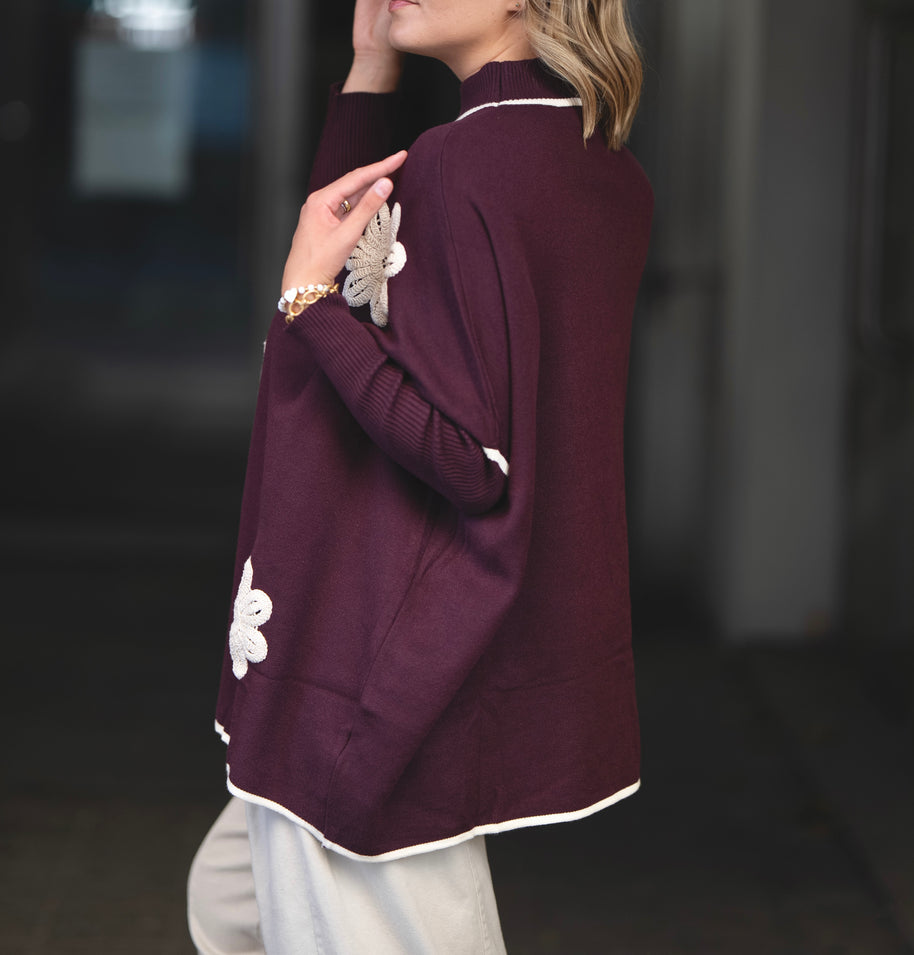 Camisola flores bordadas bordeaux