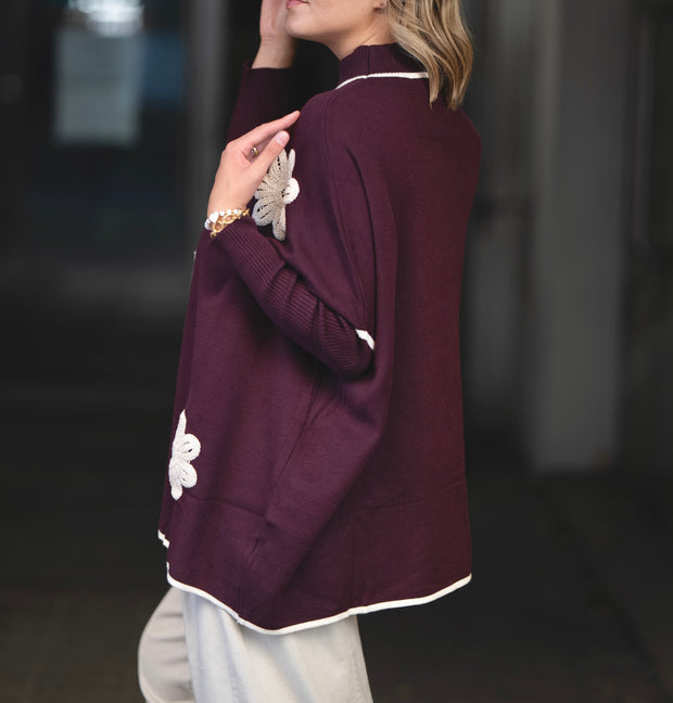 Camisola flores bordadas bordeaux