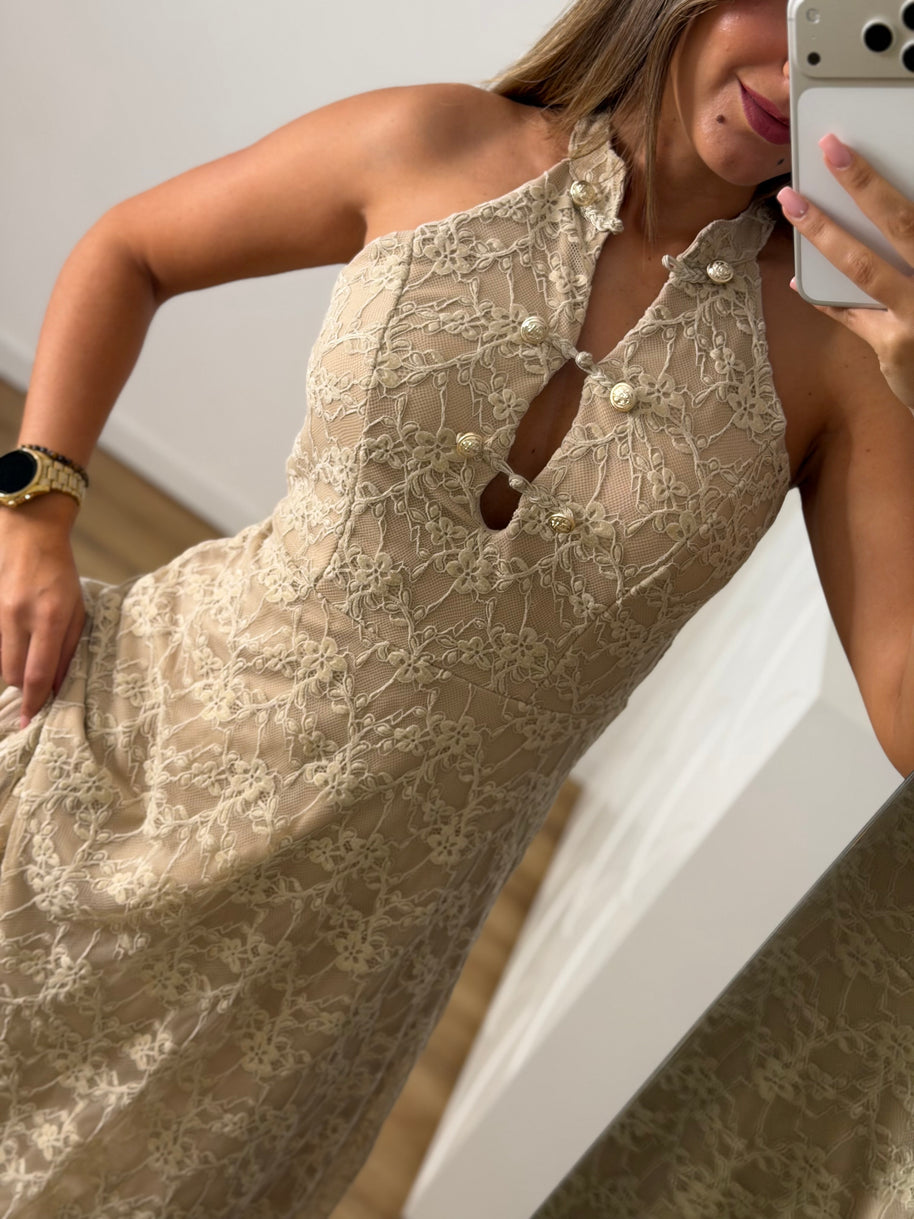 Vestido rendado com forro - bege