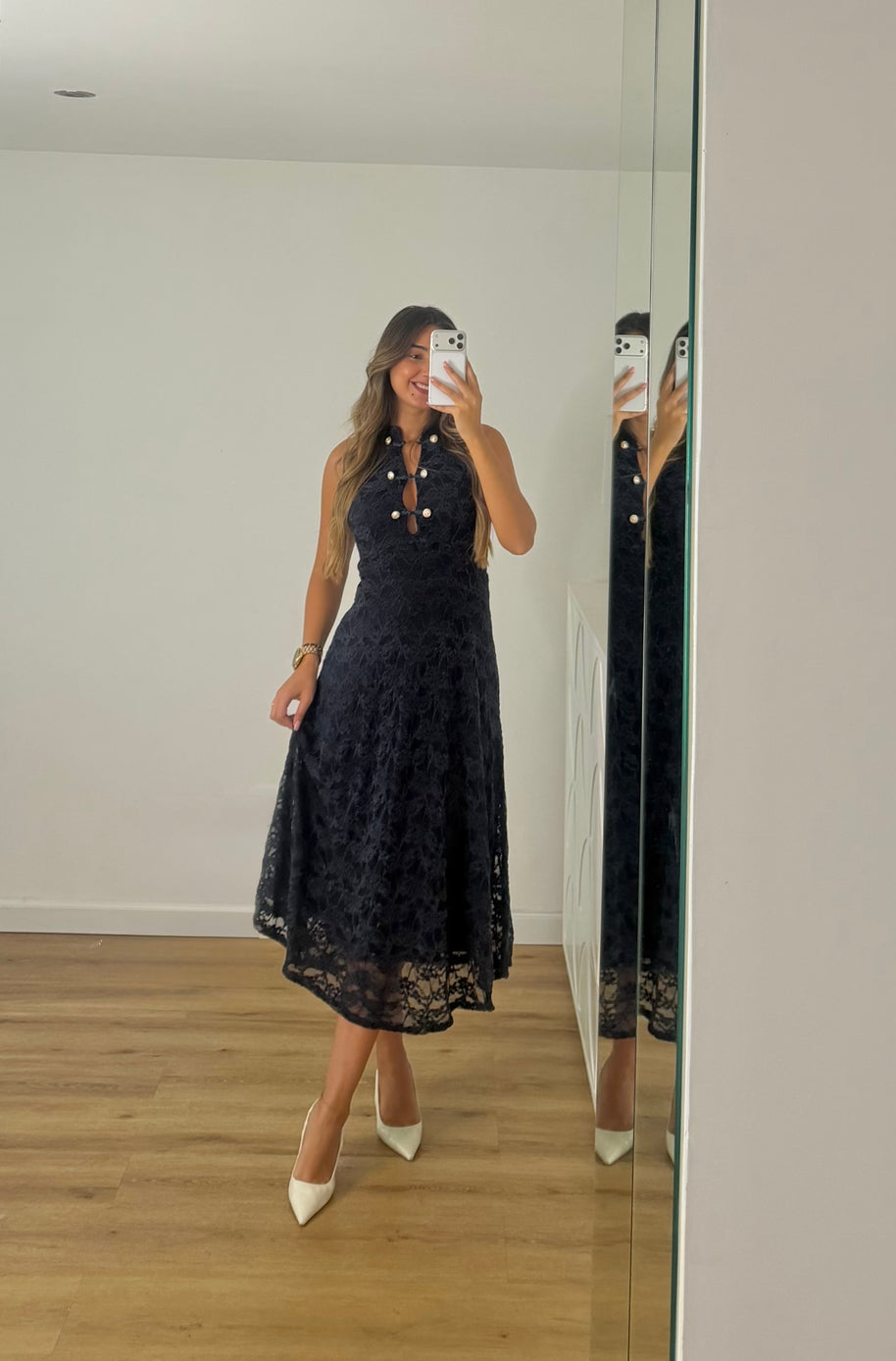 Vestido rendado com forro- azul marinho