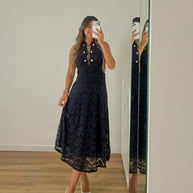 Vestido rendado com forro- azul marinho