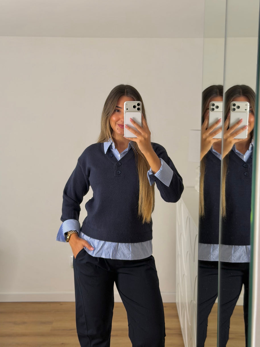 Camisola com camisa inclusa- azul marinho
