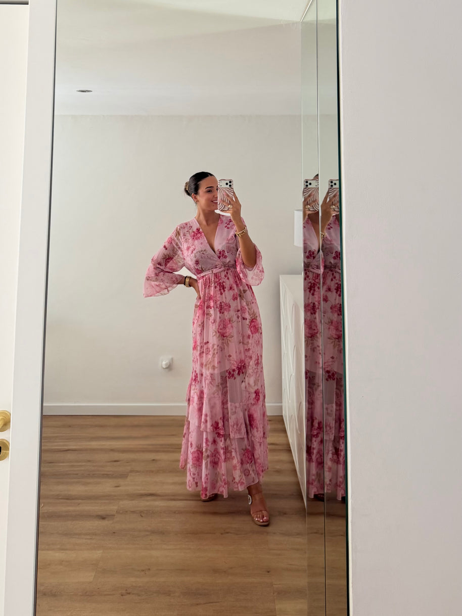 Vestido floral e folhos - rosa