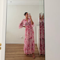 Vestido floral e folhos - rosa