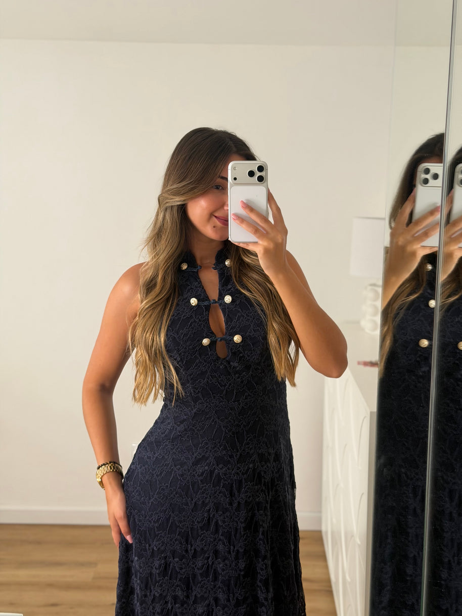 Vestido rendado com forro- azul marinho