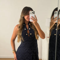 Vestido rendado com forro- azul marinho