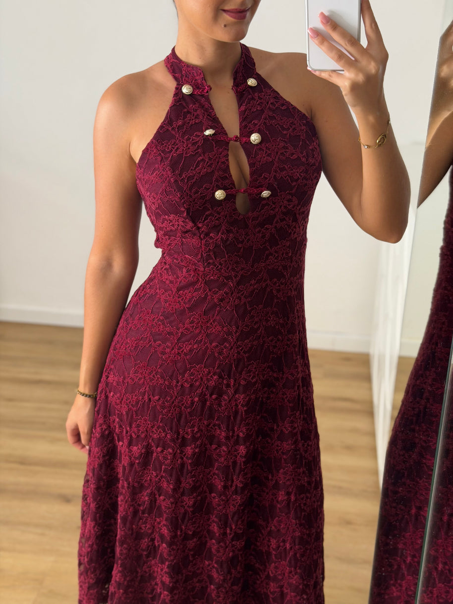 Vestido rendado bordeaux