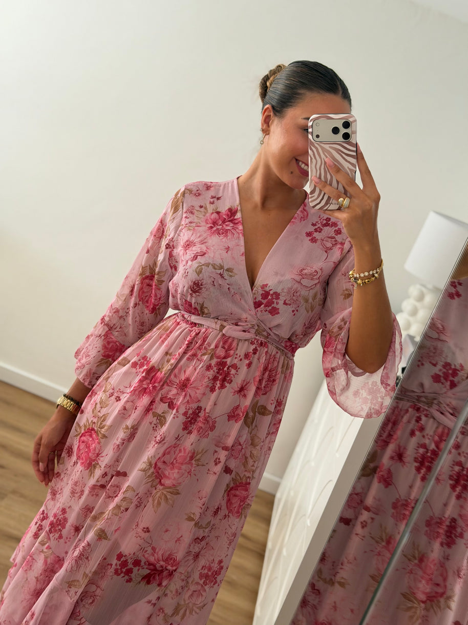 Vestido floral e folhos - rosa
