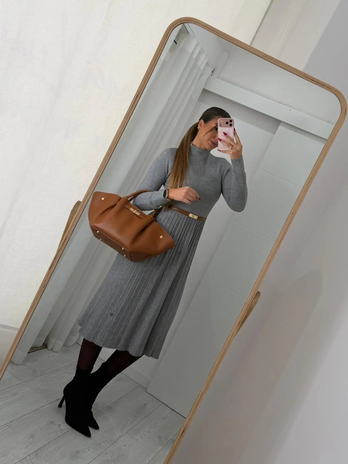 Vestido Cinzento Malha Plissado